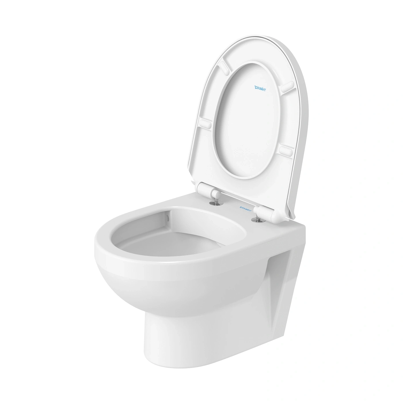 Ein weißes Duravit wandhängendes WC mit offenem Deckel auf weißem Hintergrund.