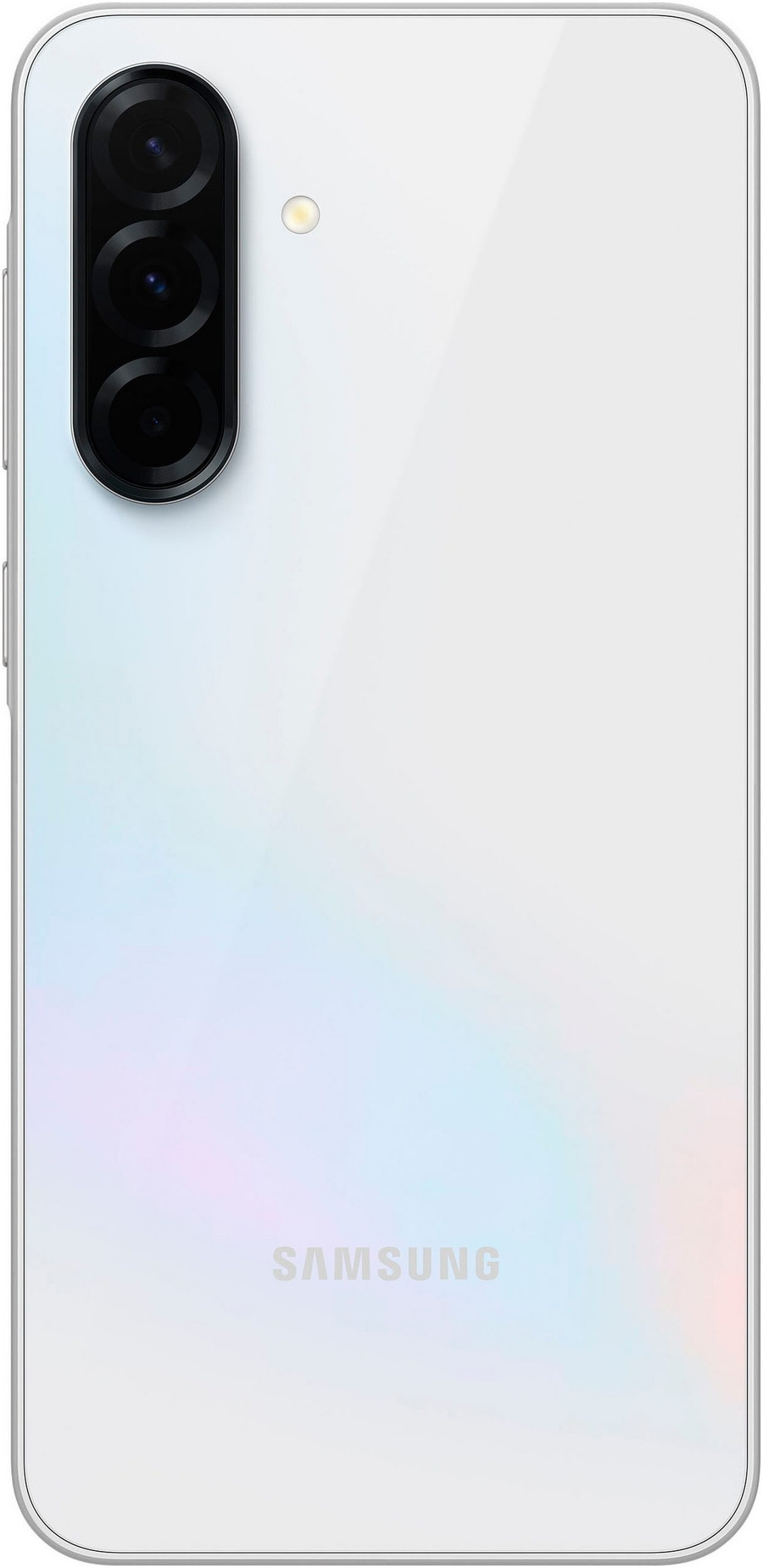 Weißes Smartphone mit drei Kameras und Samsung-Logo auf der Rückseite.