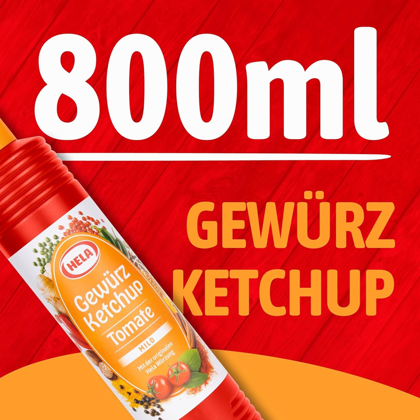 Hela Gewürzketchup Tomate, 800ml Flasche mit dem Schriftzug Gewürzketchup