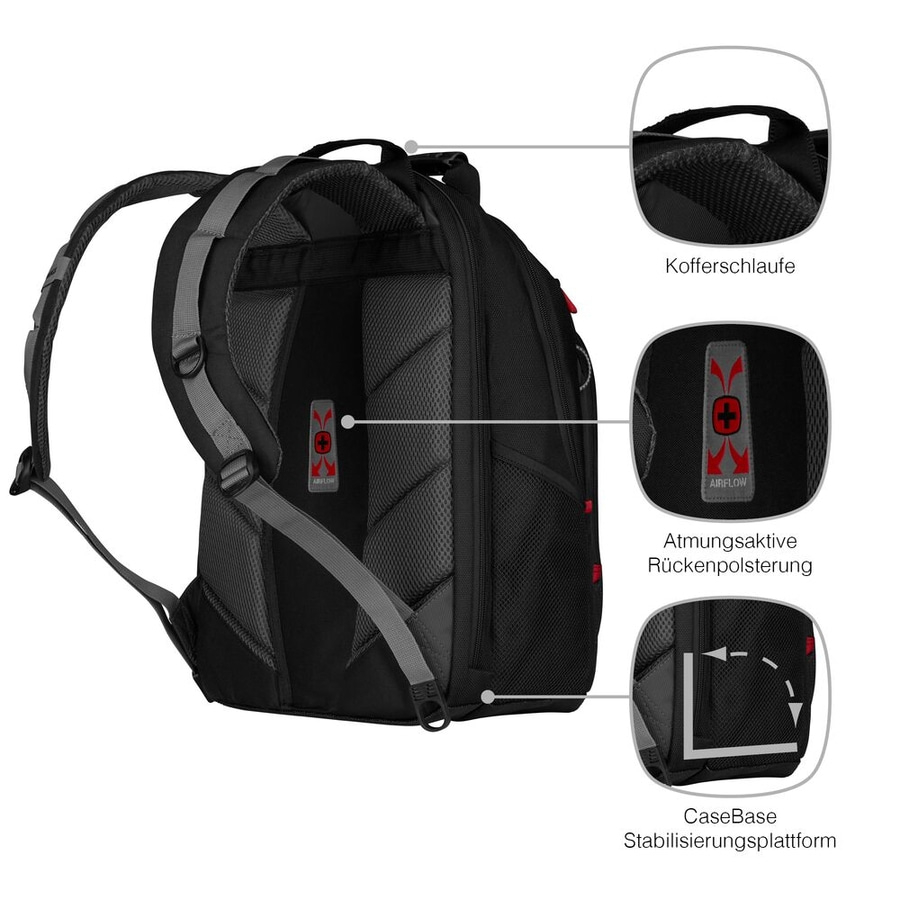 Schwarzer Rucksack mit Kofferschnalle, atmungsaktiver Rückenpolsterung und CaseBase-Stabilisierungsplattform.