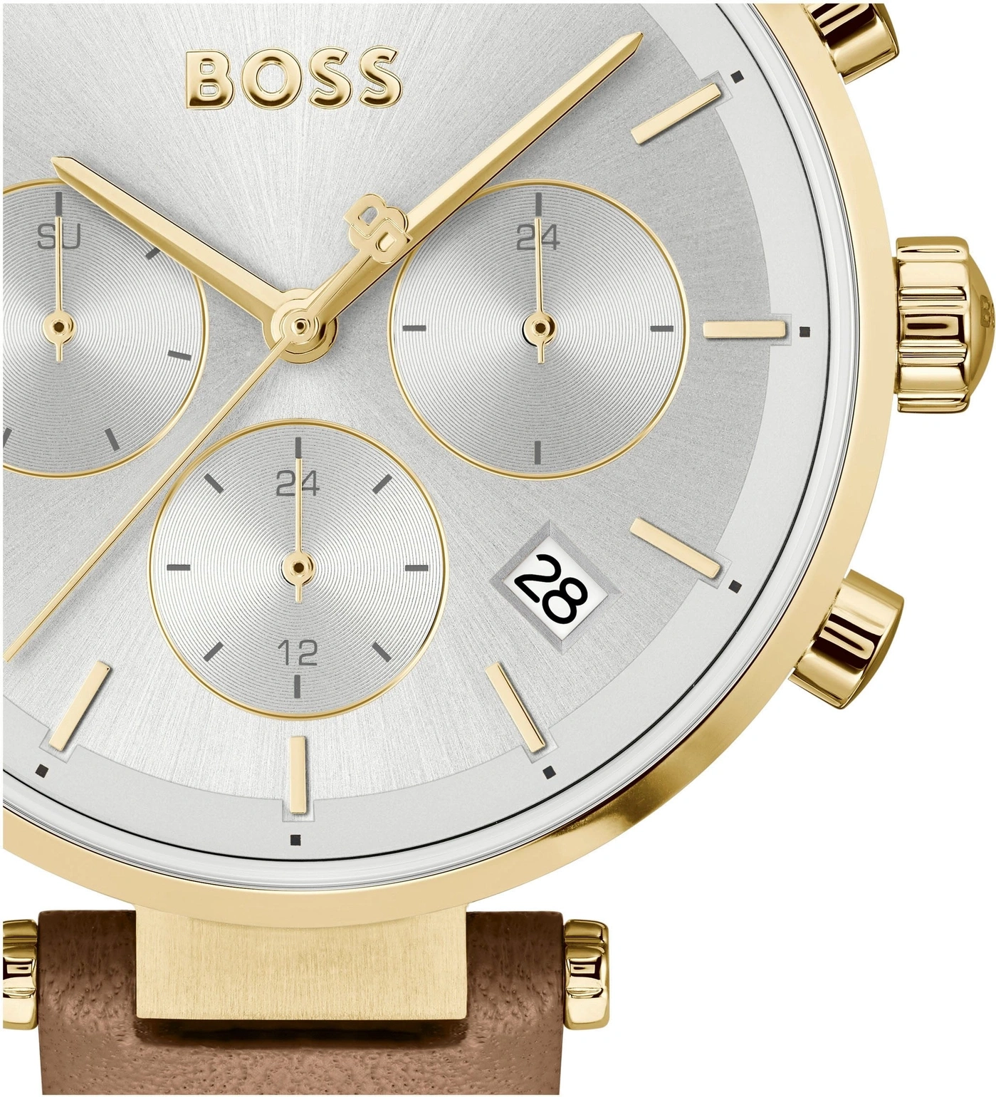Goldfarbene BOSS-Armbanduhr mit Datum und Zifferblatt-Details