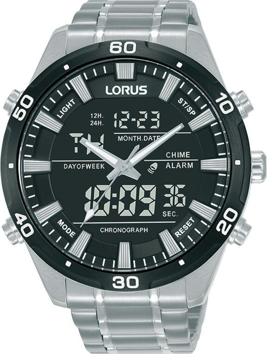 Lorus Uhr mit digitaler Anzeige, Datum und Chronograph-Funktion, Edelstahlarmband.