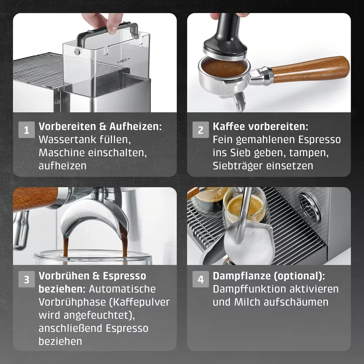 Espressomaschine Zubereitungsschritte: Wasser füllen, Kaffee vorbereiten, Espresso beziehen, Milch aufschäumen