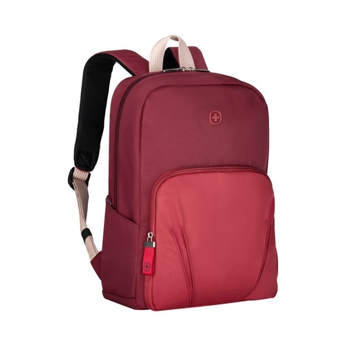 Roter Rucksack mit Reißverschluss und Logo, ideal für den täglichen Gebrauch und Reisen.