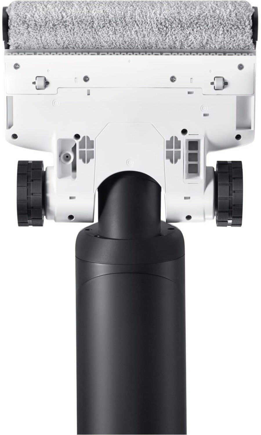 Nahaufnahme eines weißen Staubsaugerkopfes mit schwarzem Griff und Walze