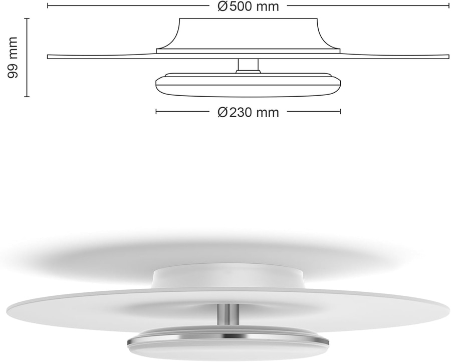 Deckenventilator mit Abmessungen von 500 mm und 230 mm Durchmesser und 99 mm Höhe.