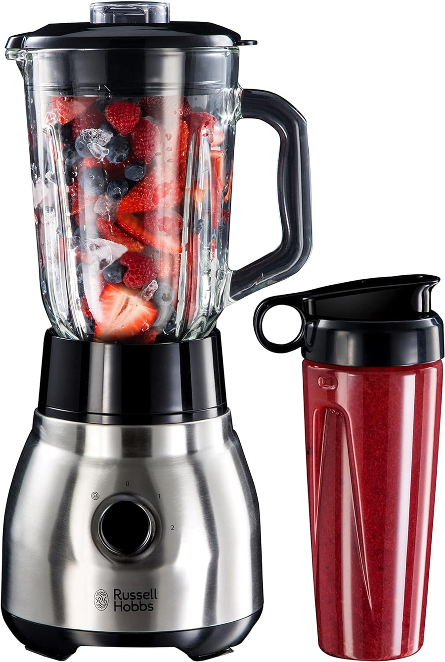Mixer mit Früchten und einem Becher, Edelstahl-Design, Russell Hobbs.