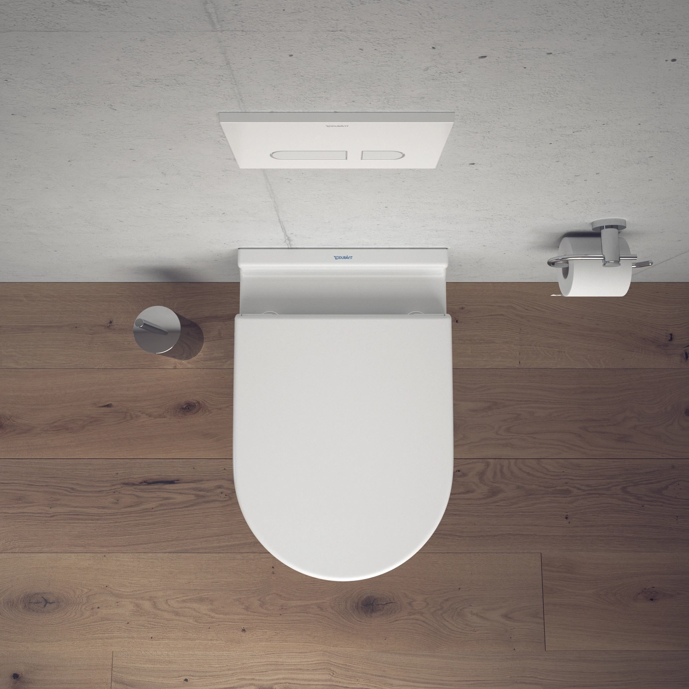 Draufsicht auf eine weiße Toilette, Holzfußboden, Spülkasten, Toilettenpapierhalter