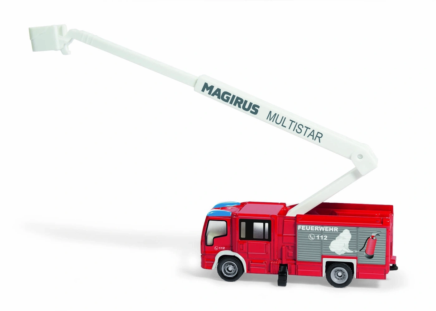 Rotes Feuerwehrauto mit ausgefahrenem Magirus Multistar Leiterarm