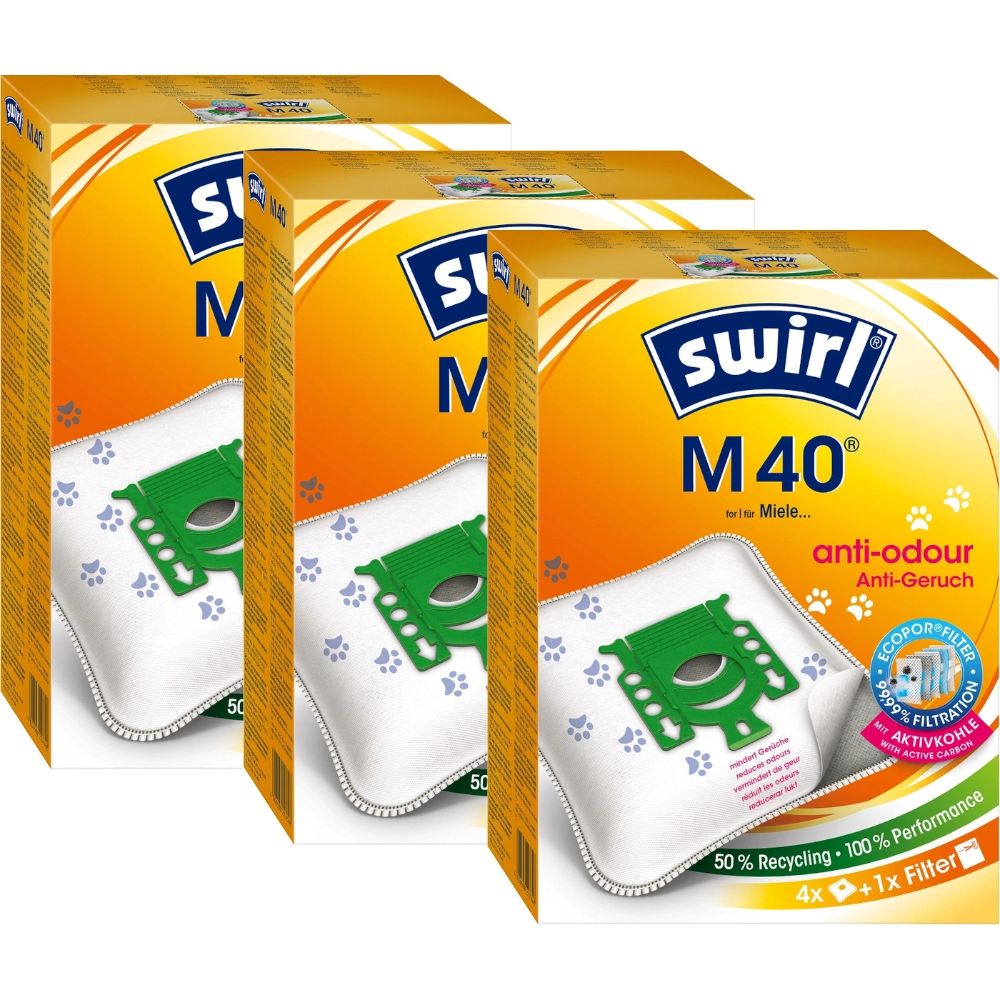 Staubsaugerbeutel Swirl M40, 3 Packungen, Anti-Geruch, 50% Recycling, 100% Leistung