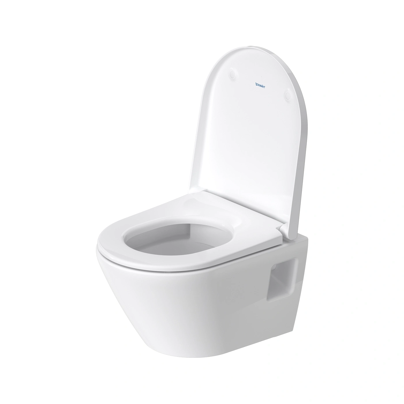 Weiße Wandtoilette mit offenem Deckel, Duravit Logo auf dem Deckel
