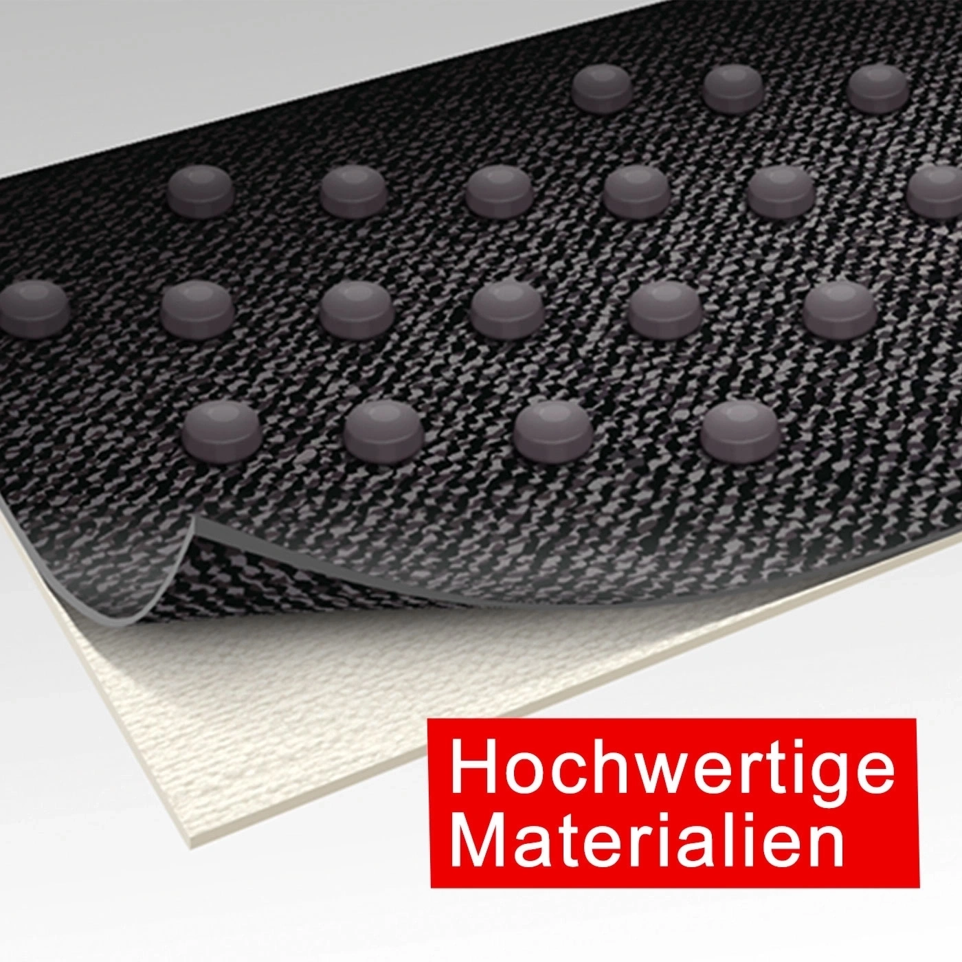 Schwarze Oberfläche mit Noppen und Text, hochwertige Materialien.