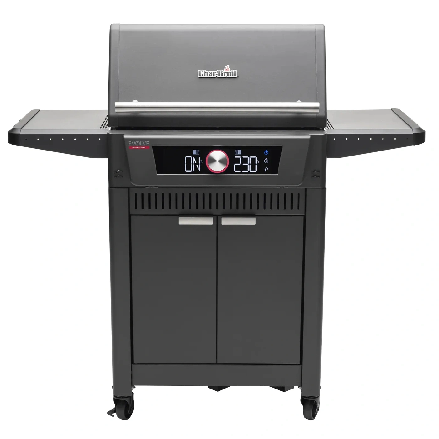 Draufsicht eines dunklen Gasgrills mit digitaler Anzeige und zwei Türen im Schrank.