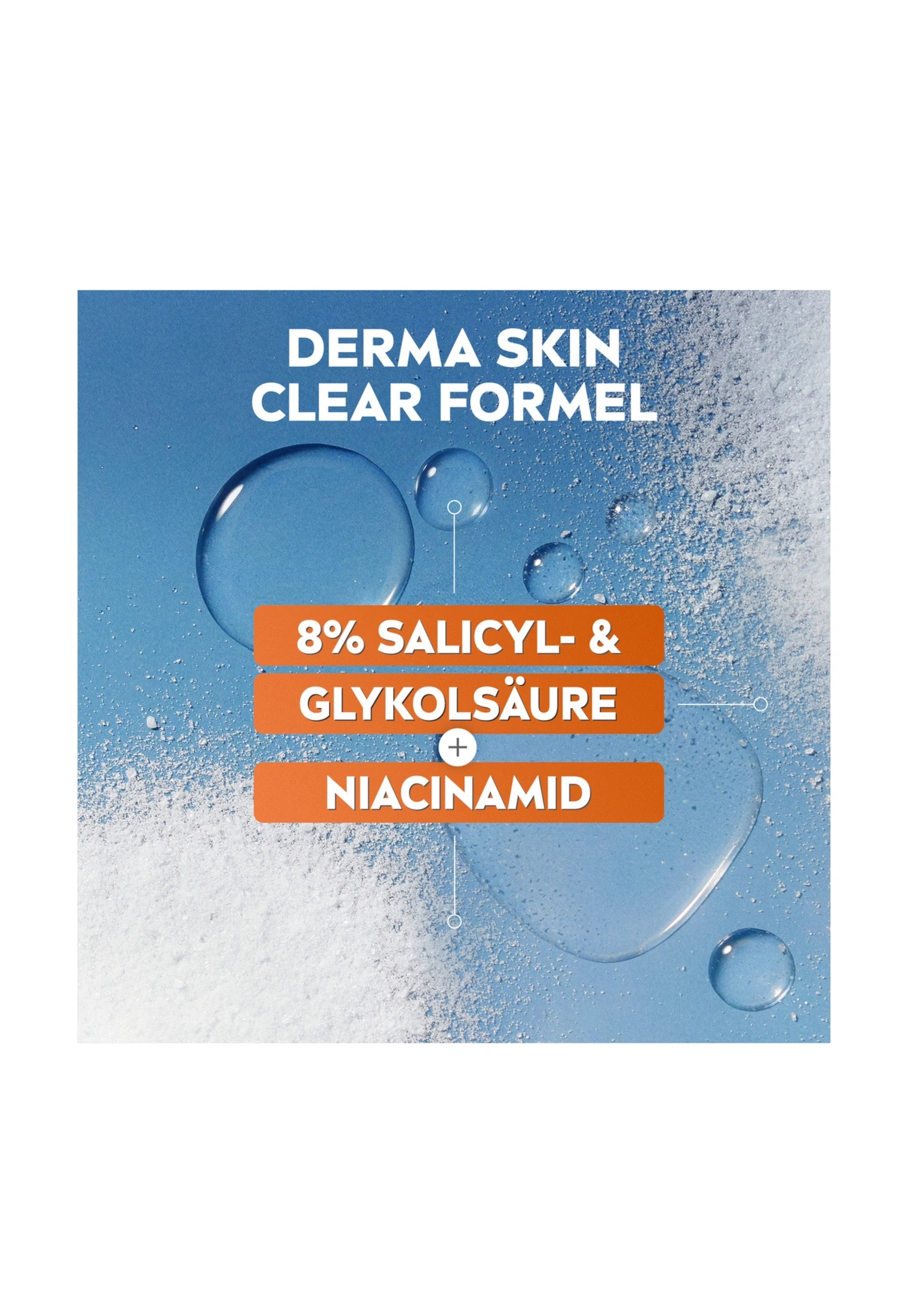 Produktbild mit Text: Derma Skin Clear Formel, 8% Salicyl- & Glykolsäure, Niacinamid.