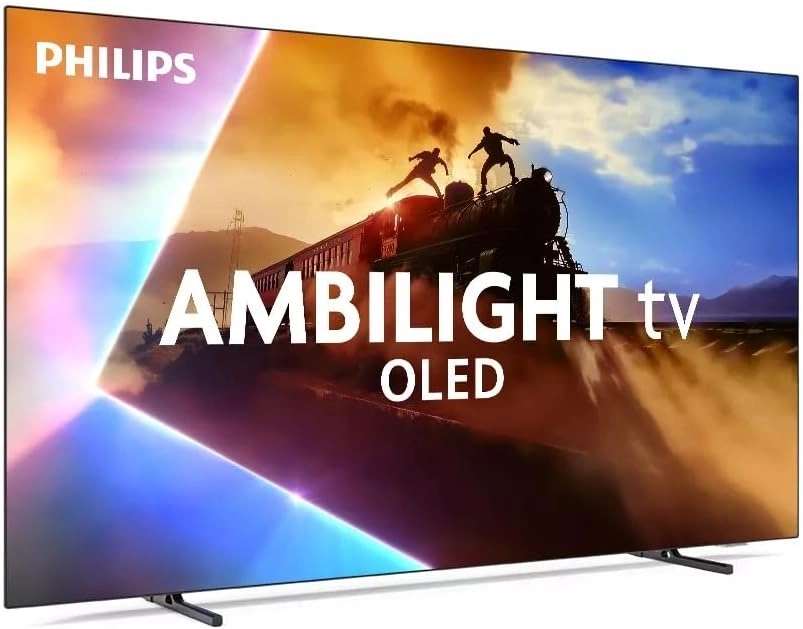 Ein Philips Ambilight OLED Fernseher mit einer Zugszene auf dem Bildschirm.