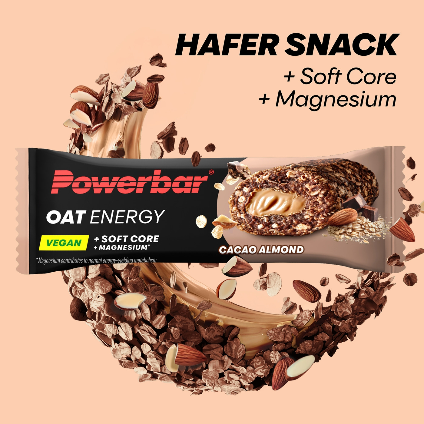 Powerbar Haferriegel mit Kakao und Mandeln, umgeben von Nüssen und Haferflocken.