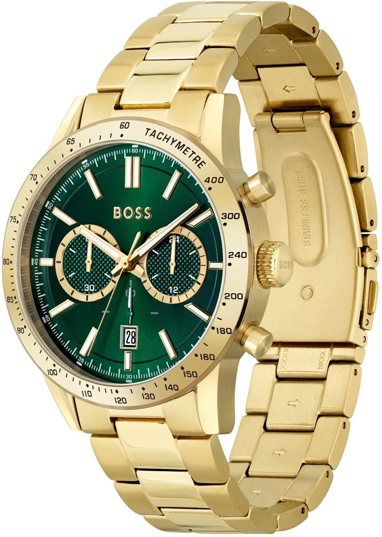 Goldene BOSS-Herrenuhr mit grünem Zifferblatt und Chronographenanzeigen