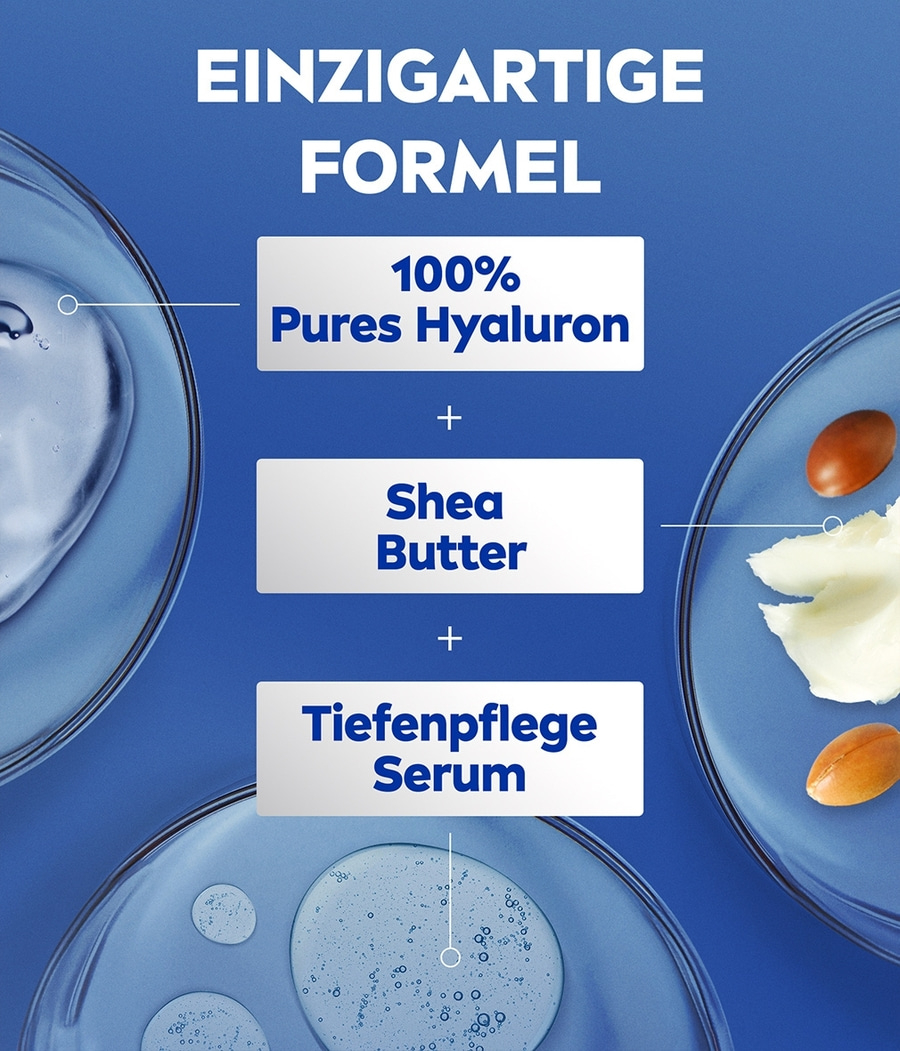 Einzigartige Formel mit Hyaluron, Sheabutter und Tiefenpflege Serum