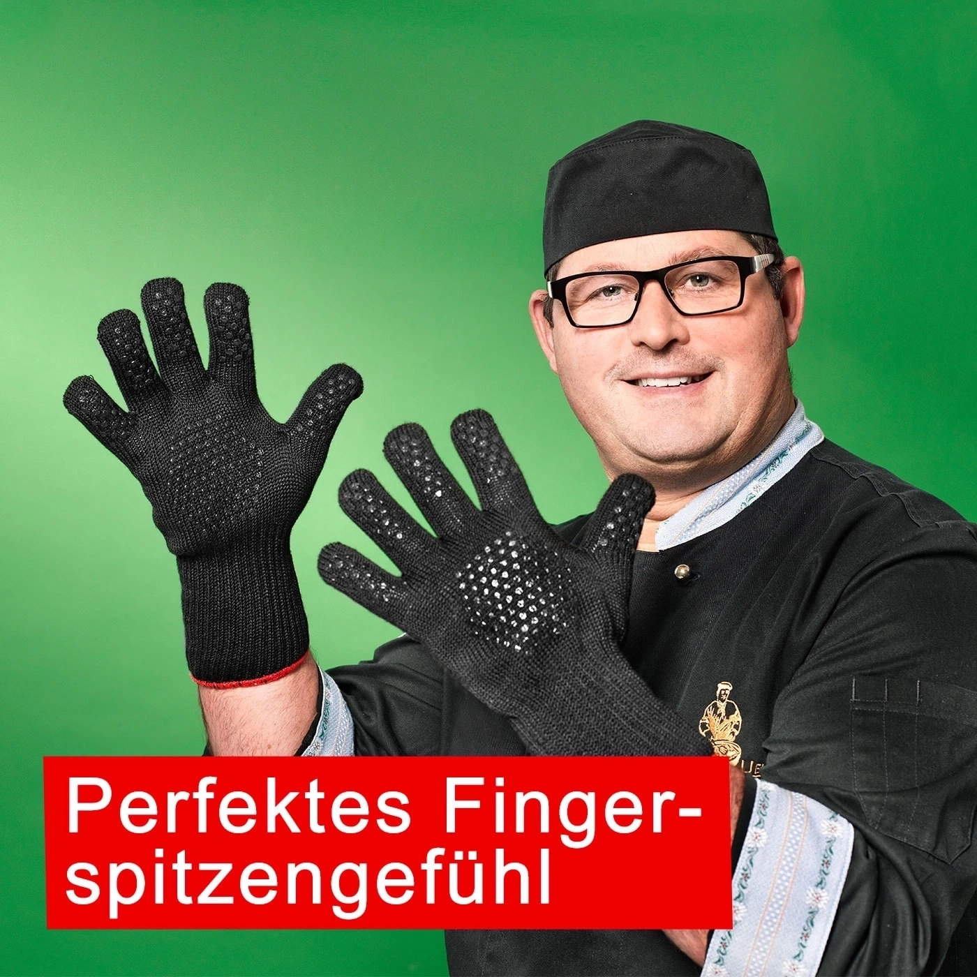 Mann mit Handschuhen und Text: Perfektes Fingerspitzengefühl. Grüne Hintergrund.