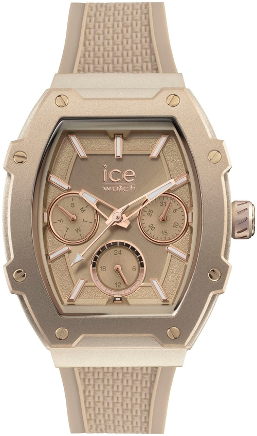 Goldene Ice Watch Uhr mit mehreren Zifferblättern und einem beigen Armband.