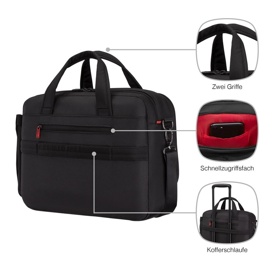 Schwarze Aktentasche mit zwei Griffen, Schnellzugriffsfach und Kofferschlaufe.