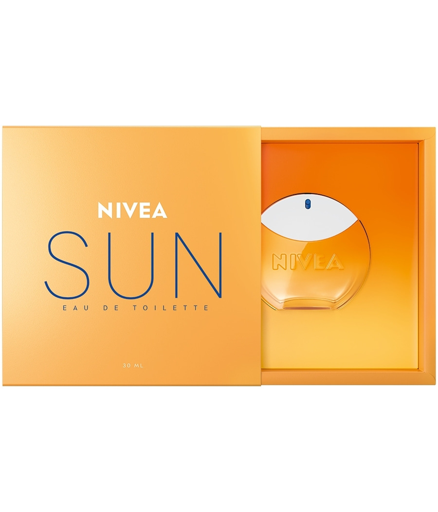 Nivea Sun Eau de Toilette, orangefarbene Verpackung, geöffnet, Flakon sichtbar
