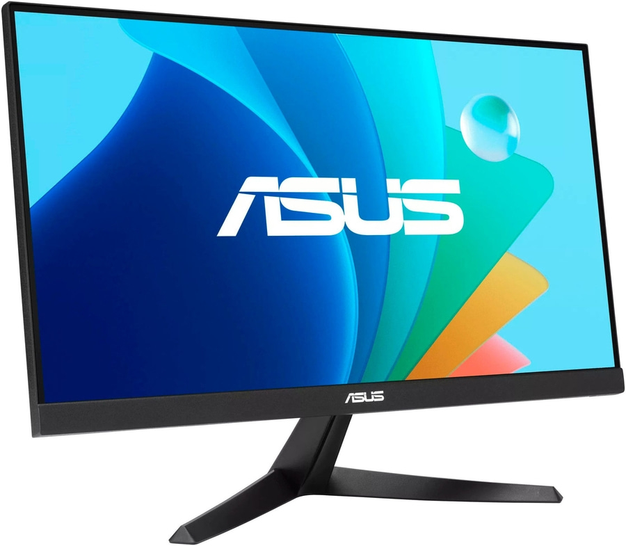 ASUS-Monitor mit blauem Hintergrund und ASUS-Logo. Schwarzer Rahmen und Ständer.