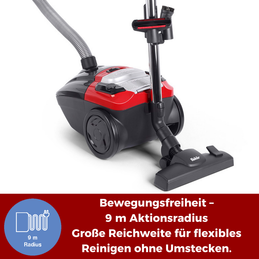 Ein roter und schwarzer Staubsauger mit einem "9 m Radius"-Symbol und Text im unteren Bereich.