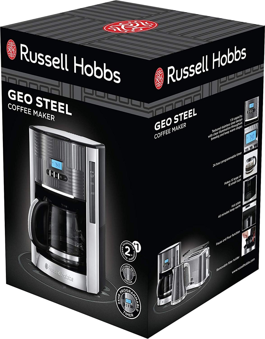 Russell Hobbs Geo Steel Kaffeemaschine, 1,5 l Kapazität, Edelstahl-Design, 24-Stunden-Timer