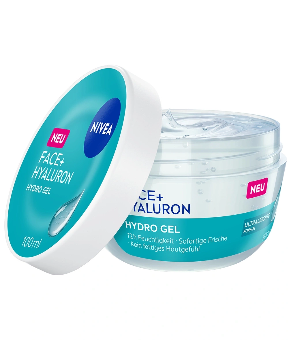 Nivea Face+ Hyaluron Hydro Gel: 72h Feuchtigkeit, sofortige Frische, kein fettiges Hautgefühl.