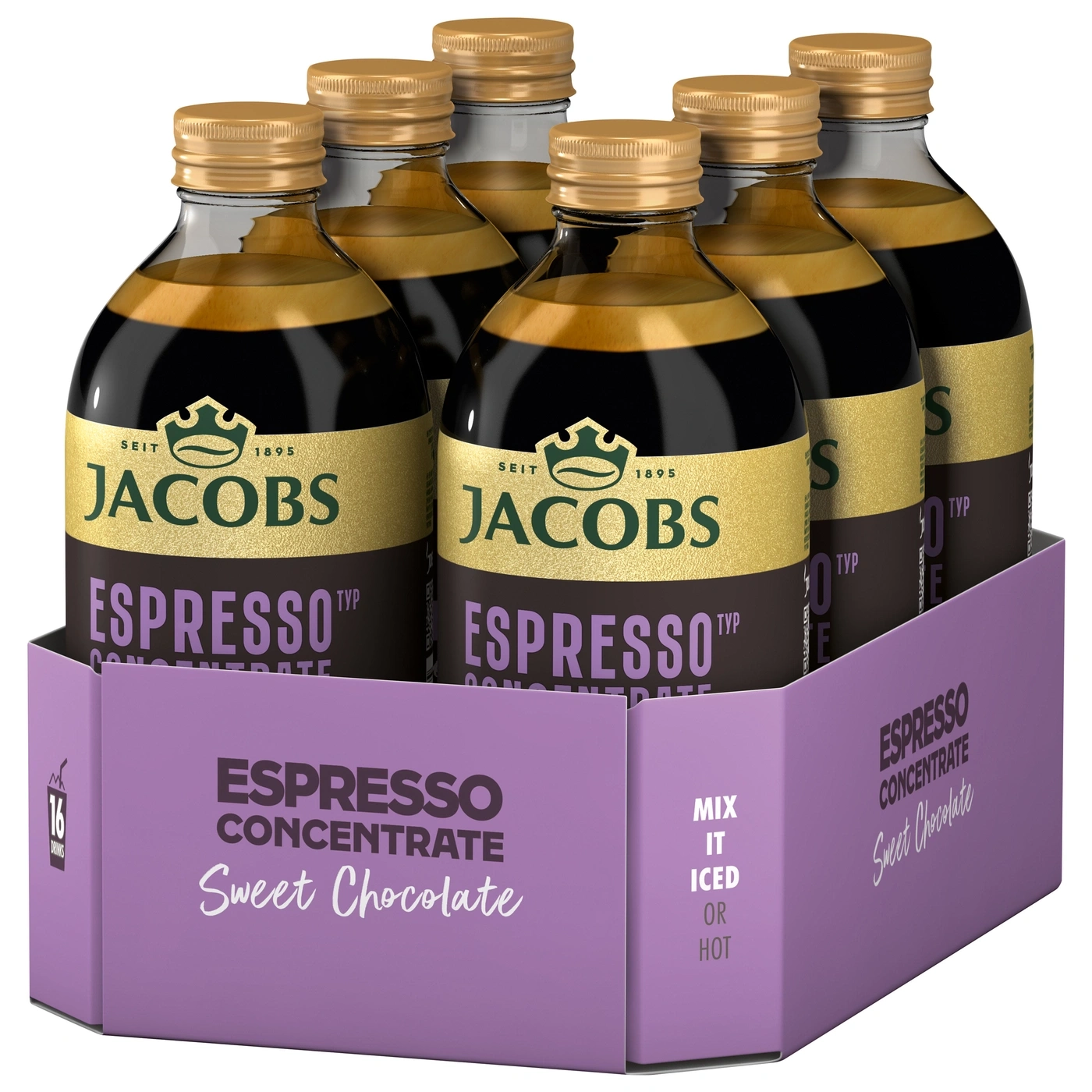 Acht Flaschen Jacobs Espresso Konzentrat Sweet Chocolate in einer lila Box, leicht von oben betrachtet.