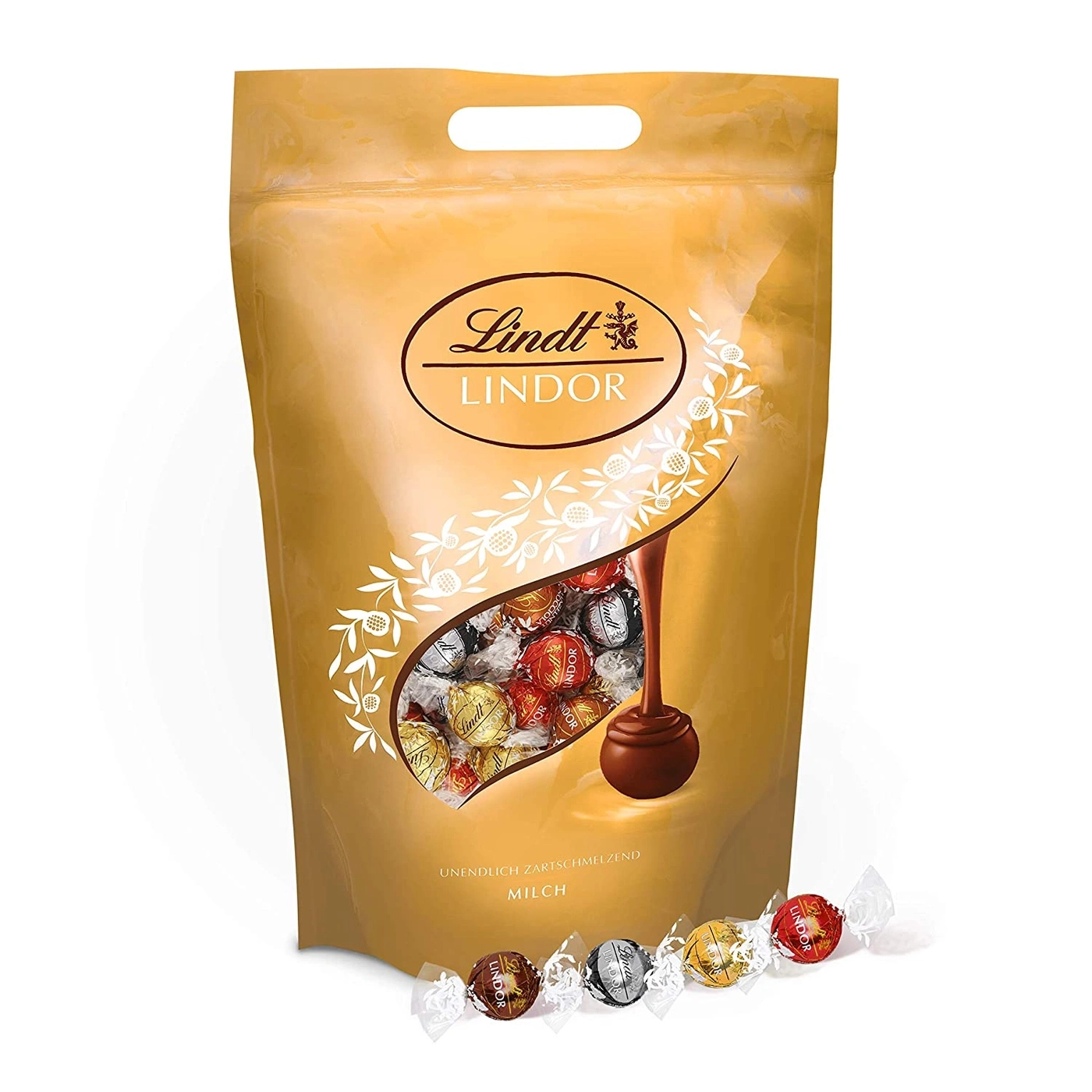 Lindt Lindor Schokoladen-Pralinen-Beutel mit einzelnen Pralinen.