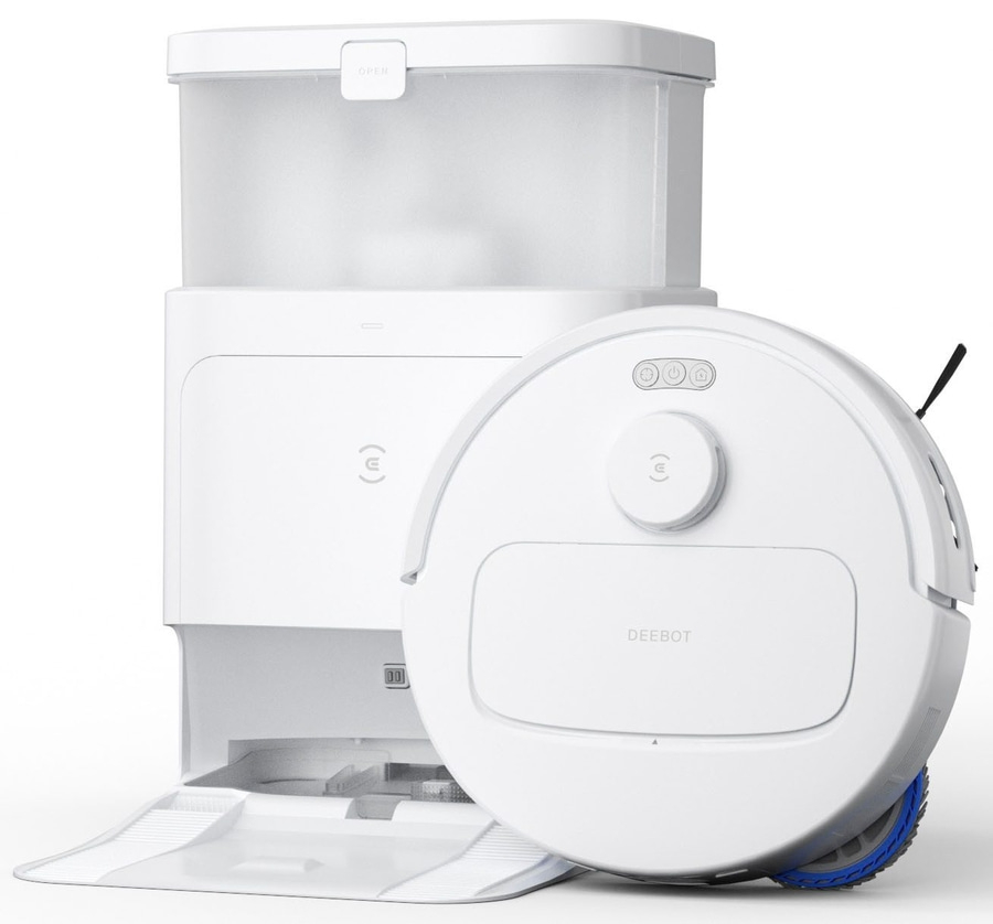 Weißer Roboterstaubsauger mit Ladestation, DEEBOT-Logo, Reinigungsgerät