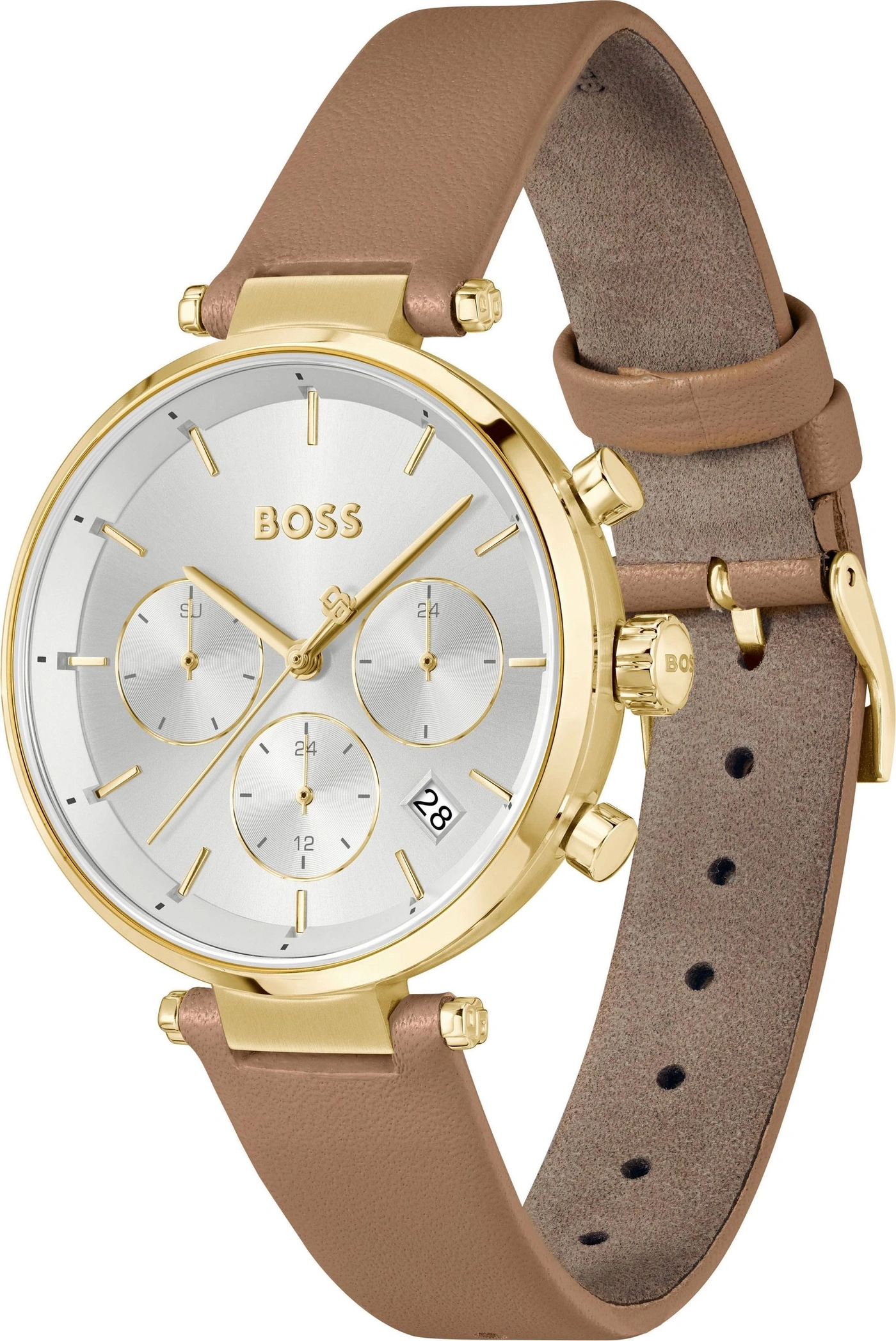 Eine goldene Hugo Boss Damenuhr mit braunem Lederarmband