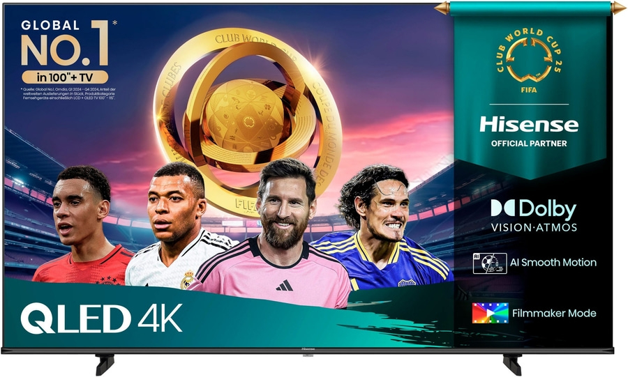 Hisense QLED 4K Fernseher mit Fußballspielern, Dolby Vision, Filmmaker Mode und AI Smooth Motion.