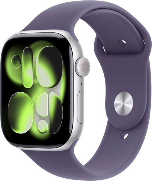 Eine Nahaufnahme einer silbernen Apple Watch mit einem lila Armband und einem grünen Zifferblatt.