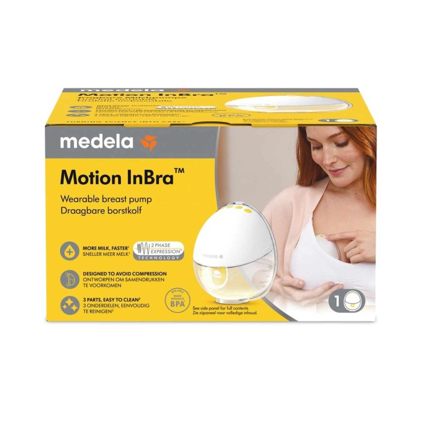 Medela Motion InBra wearable breast pump packaging with a woman using the pump.