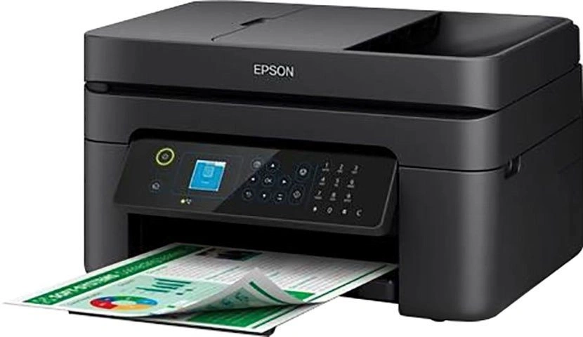 Schwarzer Epson-Drucker mit Papierausgabe und Bedienfeld. Das Gerät ist eingeschaltet.
