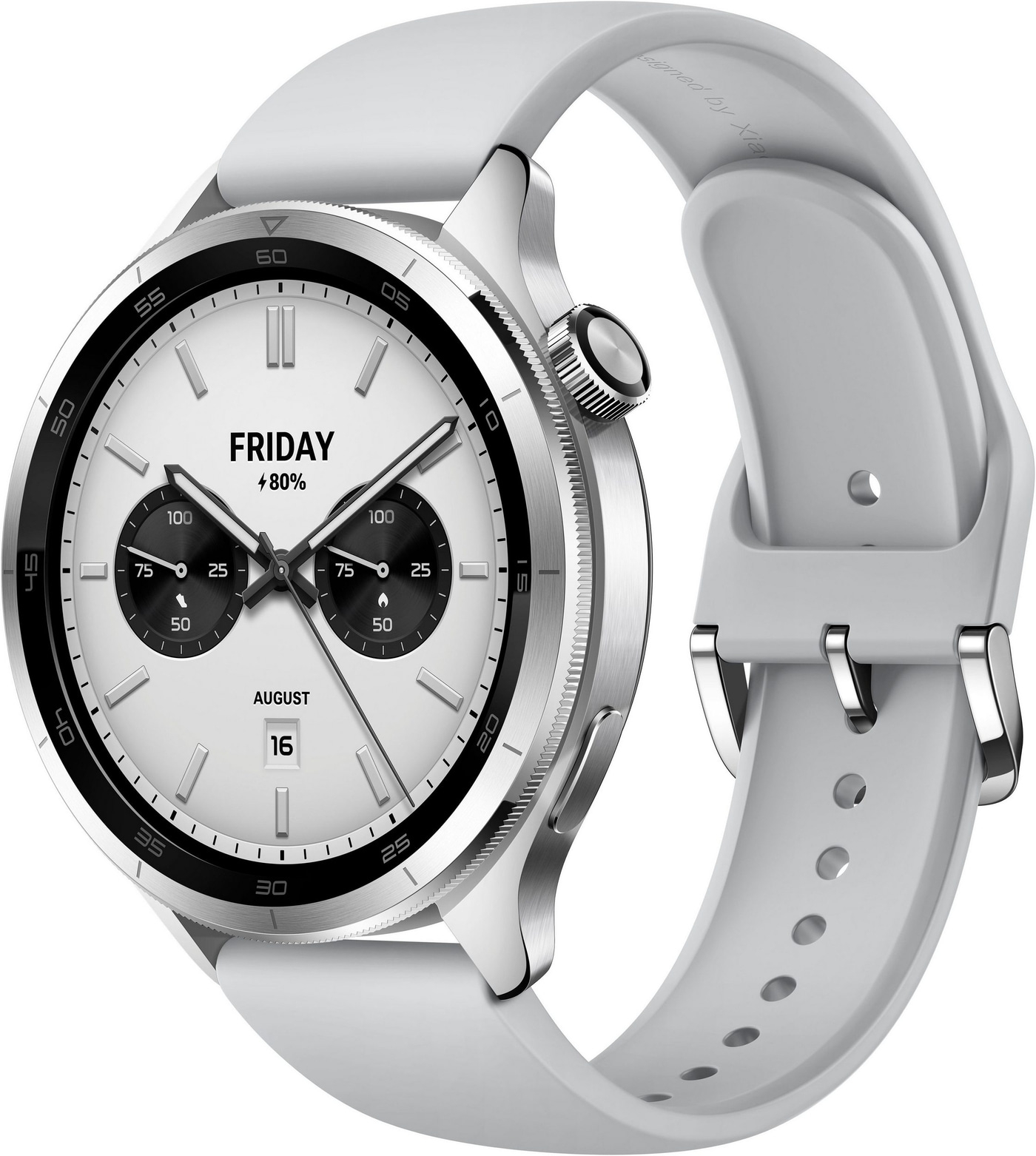 Ein weißes Smartwatch-Zifferblatt mit silbernem Gehäuse und weißem Armband