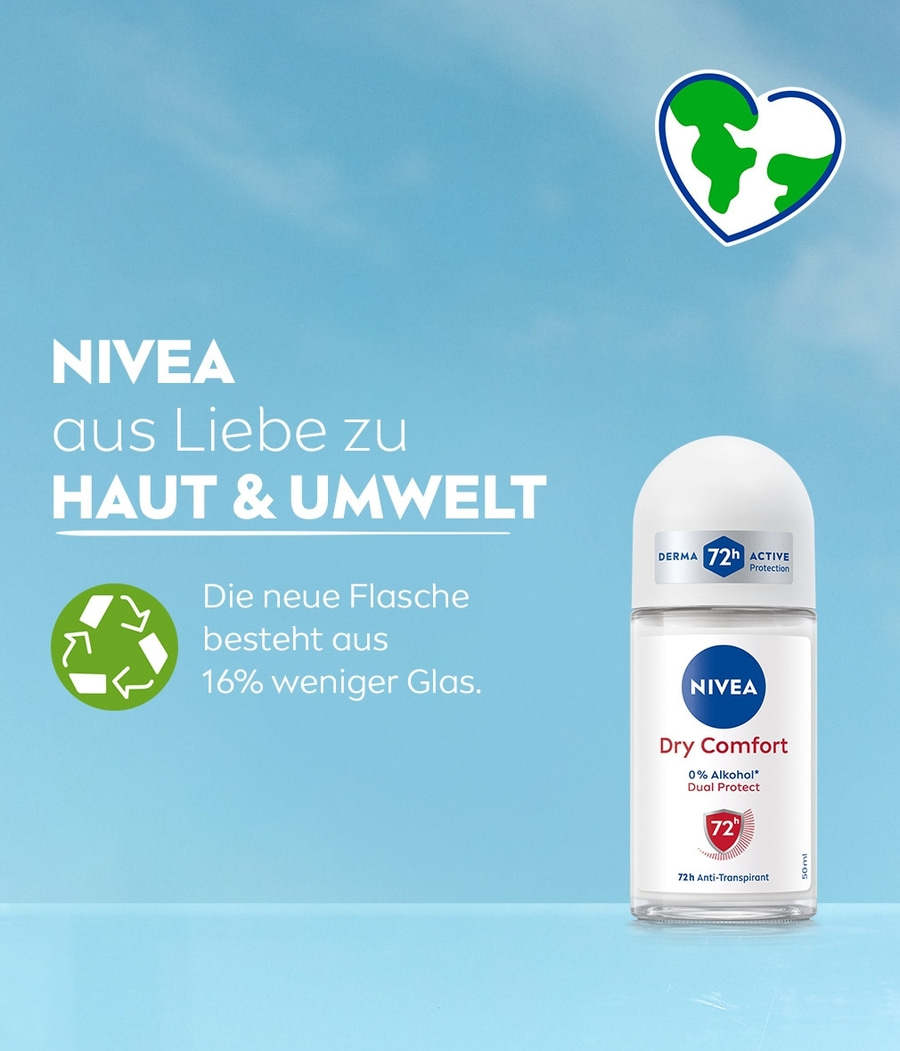 NIVEA Dry Comfort Deodorant, 72h Anti-Transpirant, 16% weniger Glas, Haut & Umwelt.