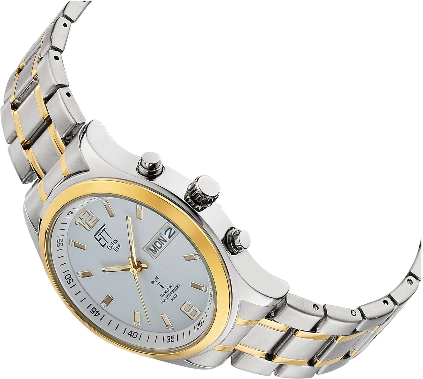 Silberne und goldene Herrenuhr mit hellem Zifferblatt und Tag/Datum.