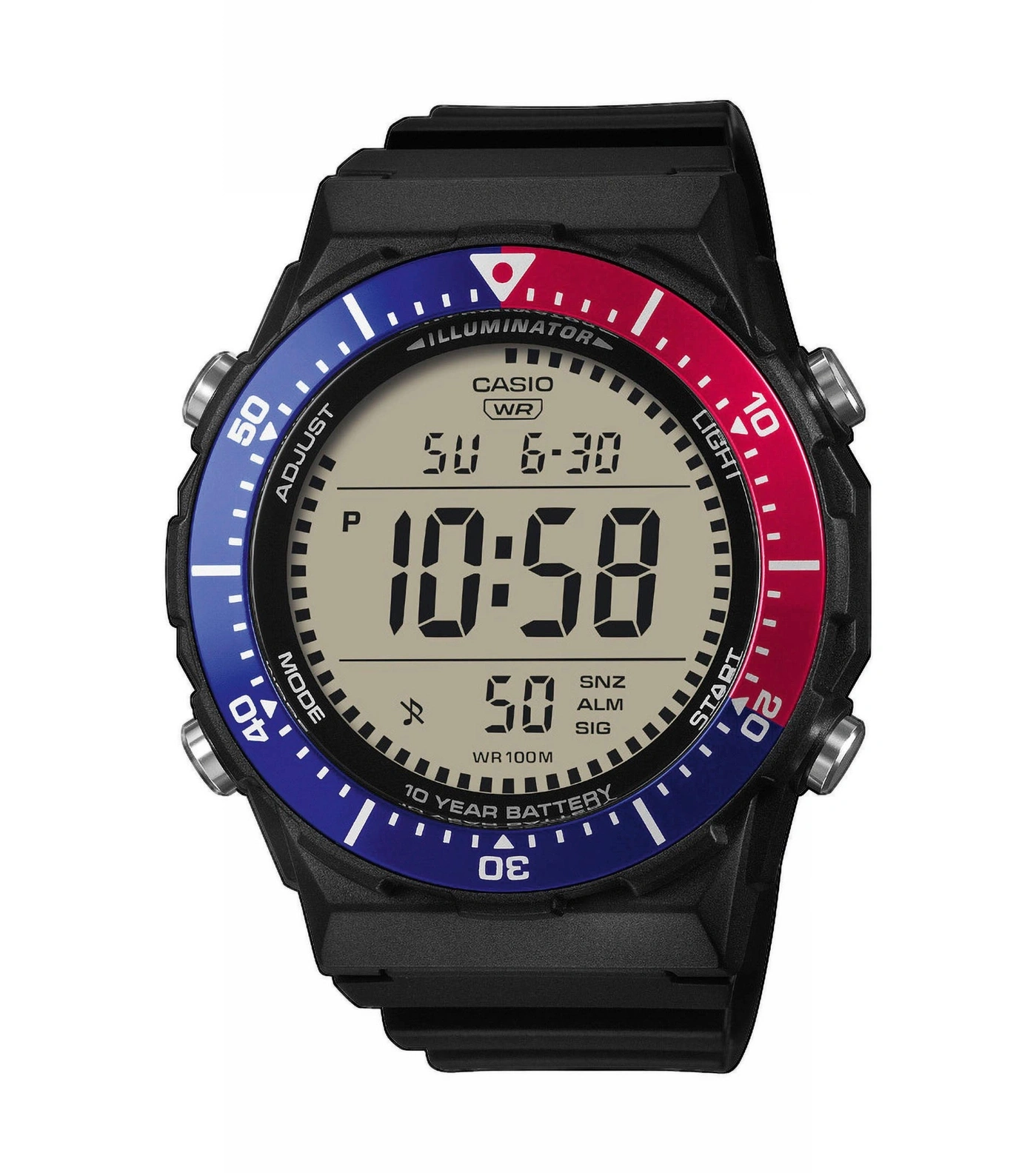Schwarze Casio Uhr mit blau-rotem Lünettenring und digitaler Anzeige