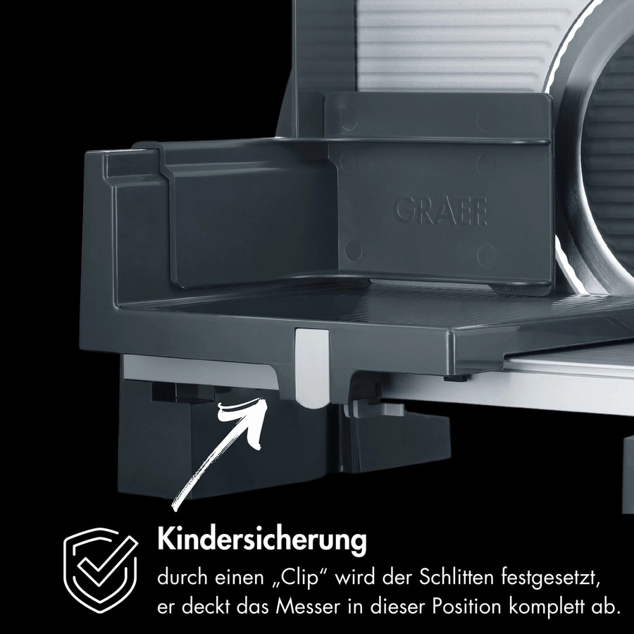 Kindersicherung durch Clip, Schlitten fixiert, Messer abgedeckt, Graef-Logo, Detailaufnahme.