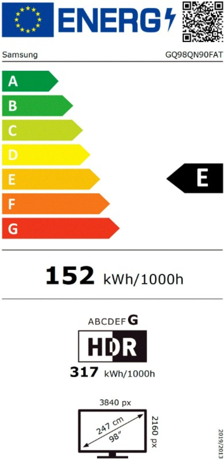 Energieeffizienzlabel mit Samsung TV-Angaben, Energieklasse E, 152 kWh/1000h und Bildschirmdetails.