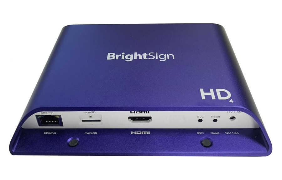 Blaues BrightSign HD4-Gerät mit Ethernet, microSD, HDMI, SVC, Reset und 12V 1.5A.