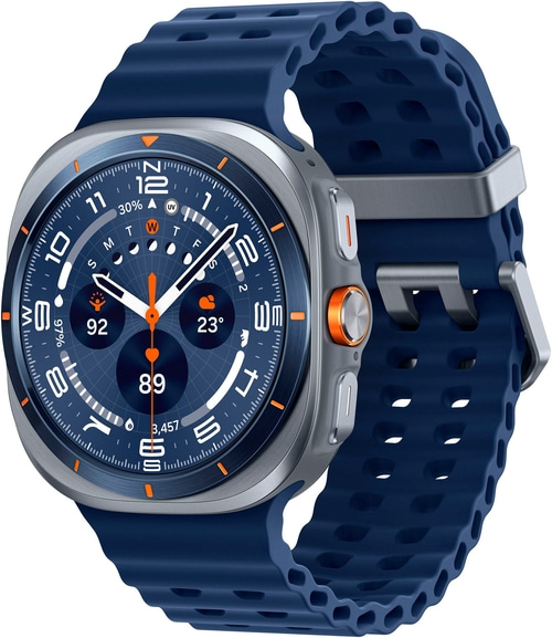 Eine blaue Smartwatch mit silbernem Gehäuse und orangefarbenen Akzenten.