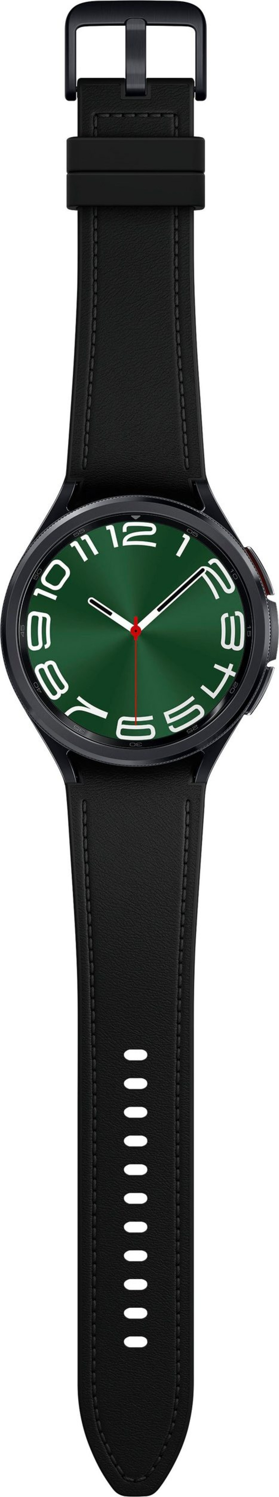 Schwarze Smartwatch mit grünem Zifferblatt und schwarzem Lederarmband