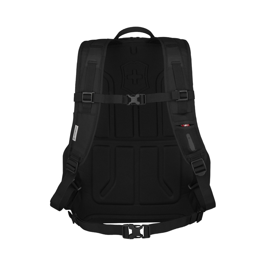 Schwarzer Rucksack mit Schultergurten und Schnallen, Victorinox-Logo