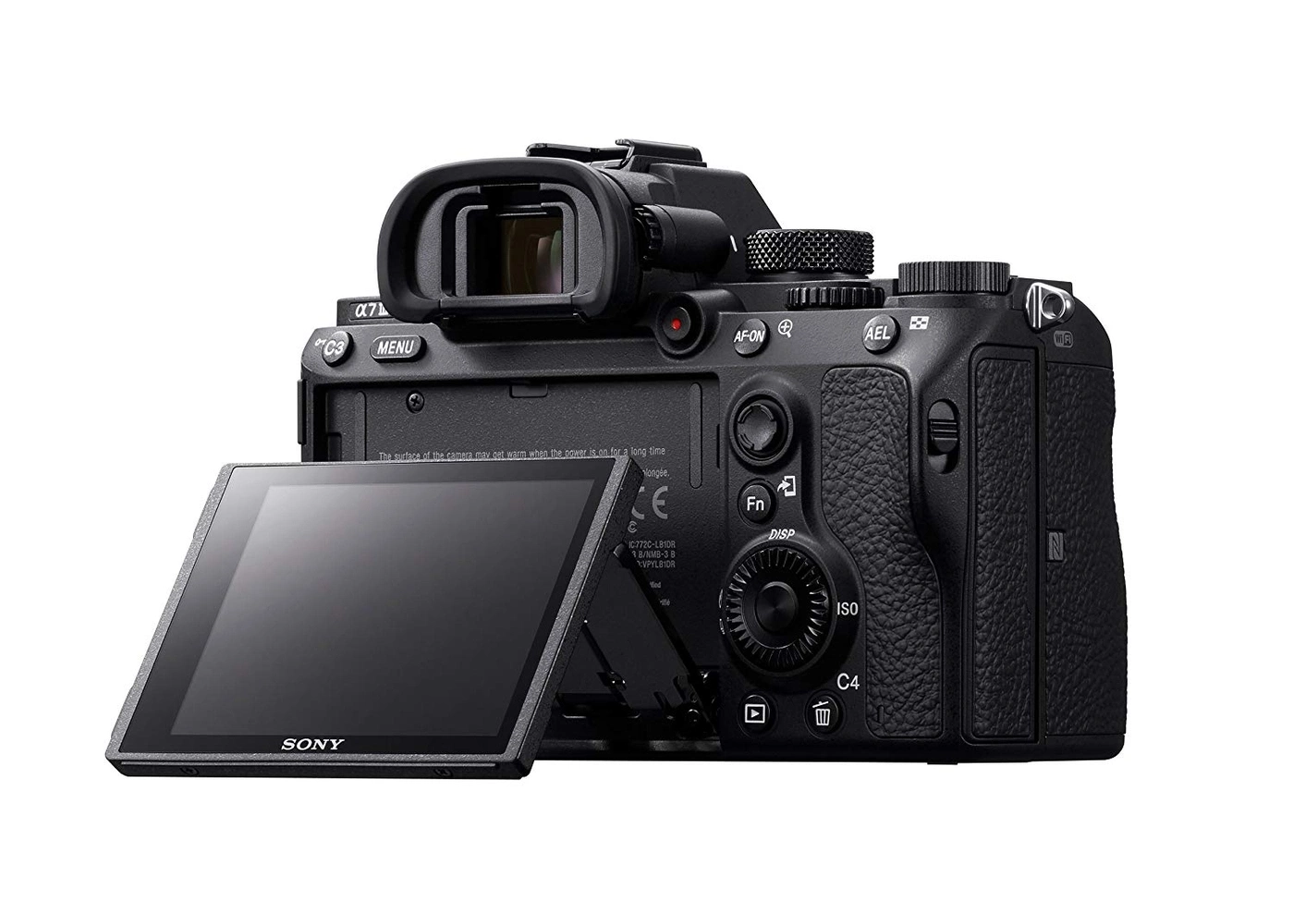 Rückseite einer Sony Alpha 7 III Kamera mit ausgeklapptem Bildschirm.