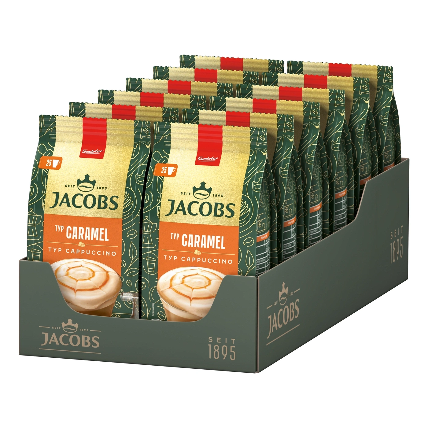 Verkaufsdisplay mit 25 Jacobs Typ Cappuccino Caramel Kaffeepackungen
